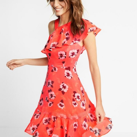 Neon Floral Print Asymmetrical Ruffle Dress - Picture 2 of 5